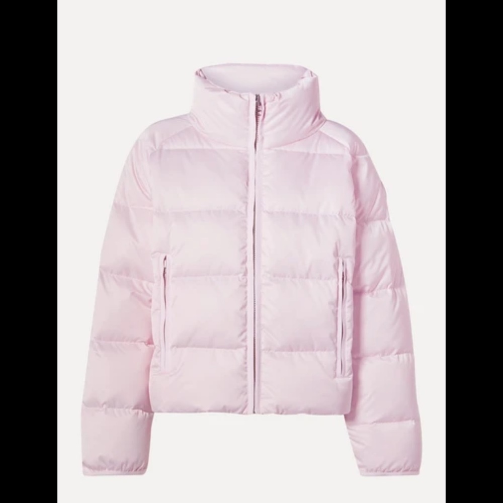 Tory Sport Cropped Performance Satin Down Puffer, Pink, size L